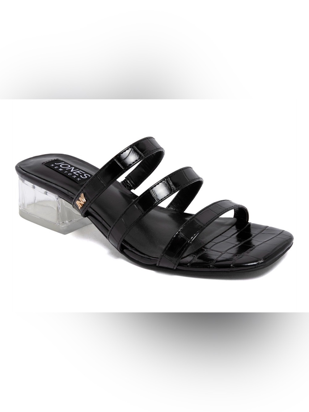 Jones New York Black Croc-Embossed Strappy Slide Sandal with Clear Block Heel